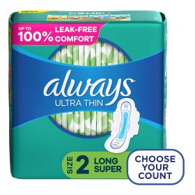 Always Ultra Thin Pads Unscented with Wings Long Absorbency;  Size 2 58 Ct