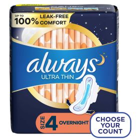 Always Ultra Thin Pads Overnight Absorbency Unscented with Wings;  Size 4 50 Count